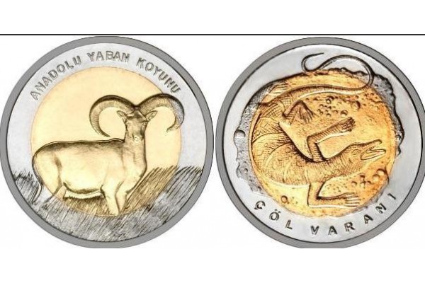 2015 г. Монета Турция 1 лира 2 монеты серый ВАРАН  и азиатский МУФЛОН